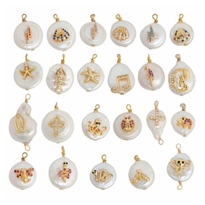 Talismani barocchi gioiello |   Ciondoli con Perle d'Acqua Dolce Placcati in Oro 18K con Motivi in Ottone Pavé di Zirconi per Creazione di Gioielli Fai-da-Te - Product Image 4