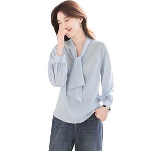 Women's Blue Chiffon Shirt With <b>Wrap</b> Tie Design For Work Professional Blouse Spring Autumn Fashion Top - Product Image 5