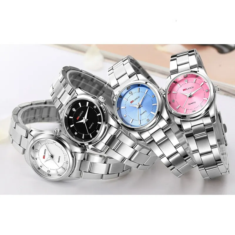 Simple style silver color stainless steel quartz waterproof watch fashion business ladies diamond wristwatches for women