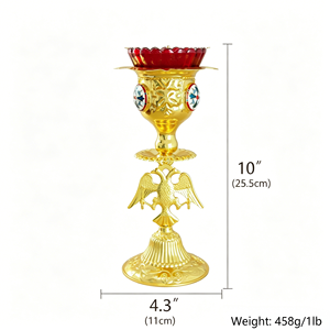 Portacandele Ortodosso Placcato Oro HT con Aquila a Due Teste 25,5cm, Candelabro per Chiesa con Copertura in Vetro Rosso per Altare - Product Image 6