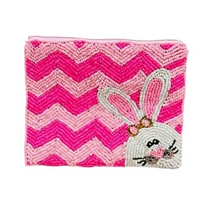 Beaded <b>Pink</b> Zigzag Pattern Coin <b>Purse</b> With Bunny Design Zipper Closure Cartoon Style Mini Size Female Handmade - Product Image 1
