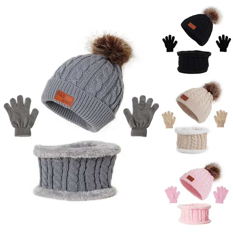 Wholesale 3Pcs Custom Children's Winter Warm Knitted Cap Faux Fur Ball Hats Scarves gloves Kids Toddler Beanie Scarf gloves Set