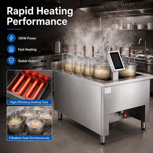 Cocedor de Fideos Eléctrico Comercial de 5 Cestas con Elevación Automática, 12KW, de Acero Inoxidable, con Panel de Control Inteligente - Product Image 4