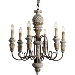 Classic 6-light farmhouse pineapple shape antique wood chandelier lighting