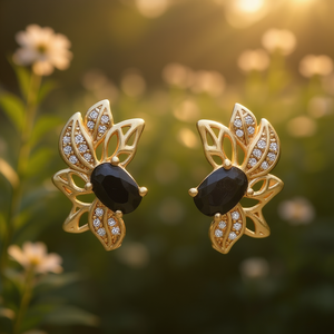 Orecchini a lobo E2626 con fiore dorato e zircone ovale incastonato a griffe per donna, gioielli romantici da festa - Product Image 2