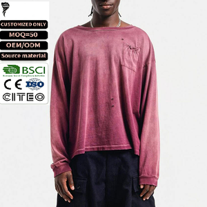 T-shirts à manches longues en coton épais style streetwear, effet vieilli, emballés individuellement (OEM) - Product Image 1