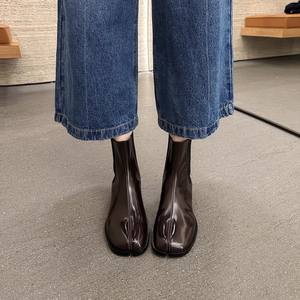 Botas de tobillo elásticas de media pantorrilla de piel de vaca pulida con punta dividida, estilo pezuña de cerdo/caballo, novedad 2026 - Product Image 3