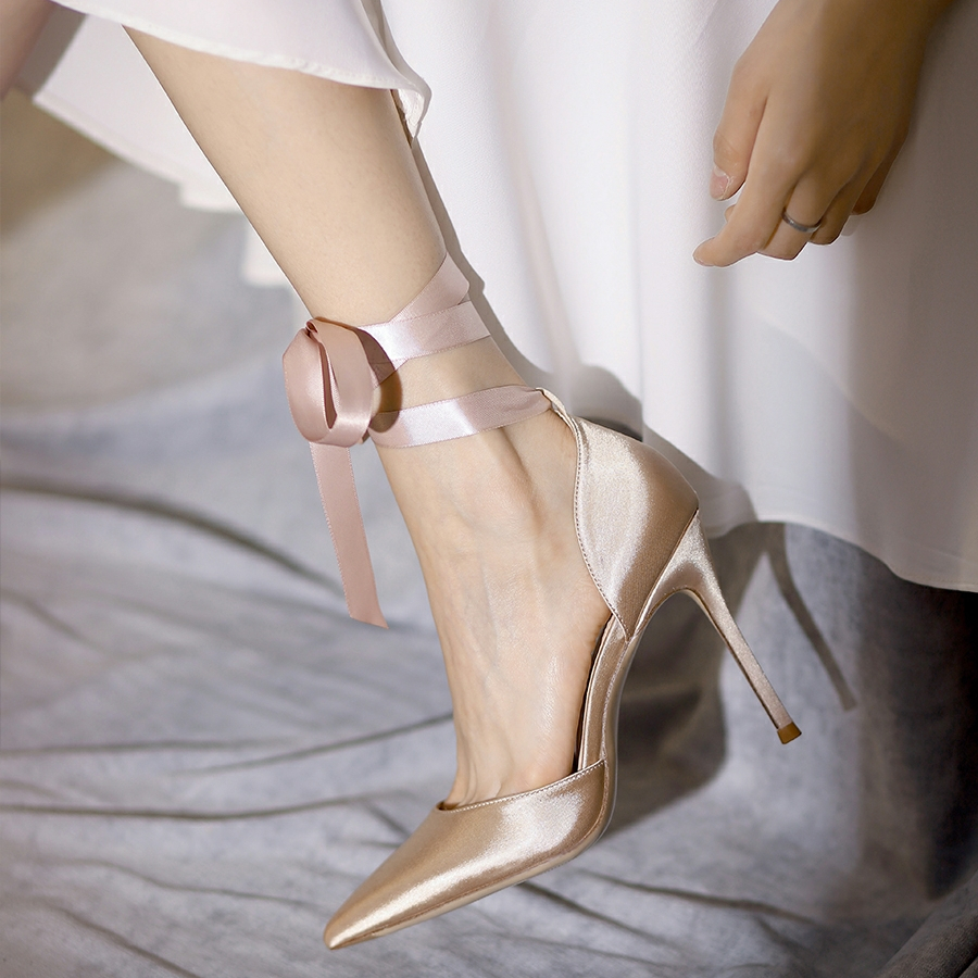 Hot Selling Office Party Chaussures femme stiletto Women satin lace up pointy toe pumps