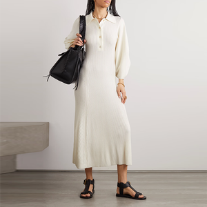 定制白色女式优雅休闲马克西秋季马球领针织衫灯笼袖Midi天然腰针织毛衣制造商 - Product Image 5