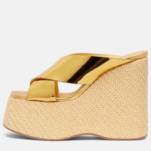 Mules à talons compensés hauts pour femmes, en cuir verni croisé, avec plateforme tressée, style escarpins à motifs en bois - Product Image 6