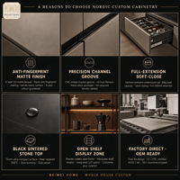 Meubles de cuisine sur mesure pour toute la maison, style nordique Japandi, gris mat, sans poignées, avec rainures, plan de travail en pierre noire, fabrication directe d'usine OEM