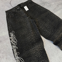Pantalon en jean large pour homme à imprimé léopard, brodé, style vintage, délavé, noir et rose, personnalisable en usine, compatible OEM ODM