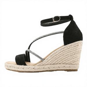 Sandalias de cuña de esparto para mujer, con plataforma, punta abierta, tacón alto, correa al tobillo con hebilla, aumento de altura, de PU, para verano, informales, de vestir - Product Image 1