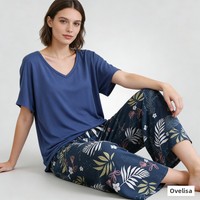Pyjama en modal pour femme, style printemps-été, taille élastique avec lien, vêtements de détente, manches courtes, imprimé floral, pantalon large, ensemble pyjama