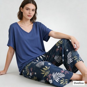 <span class=keywords><strong>Pyjama</strong></span> <span class=keywords><strong>en</strong></span> modal pour femme, style printemps-été, taille élastique avec lien, vêtements de détente, manches courtes, imprimé floral, pantalon large, ensemble <span class=keywords><strong>pyjama</strong></span> - Product Image 4