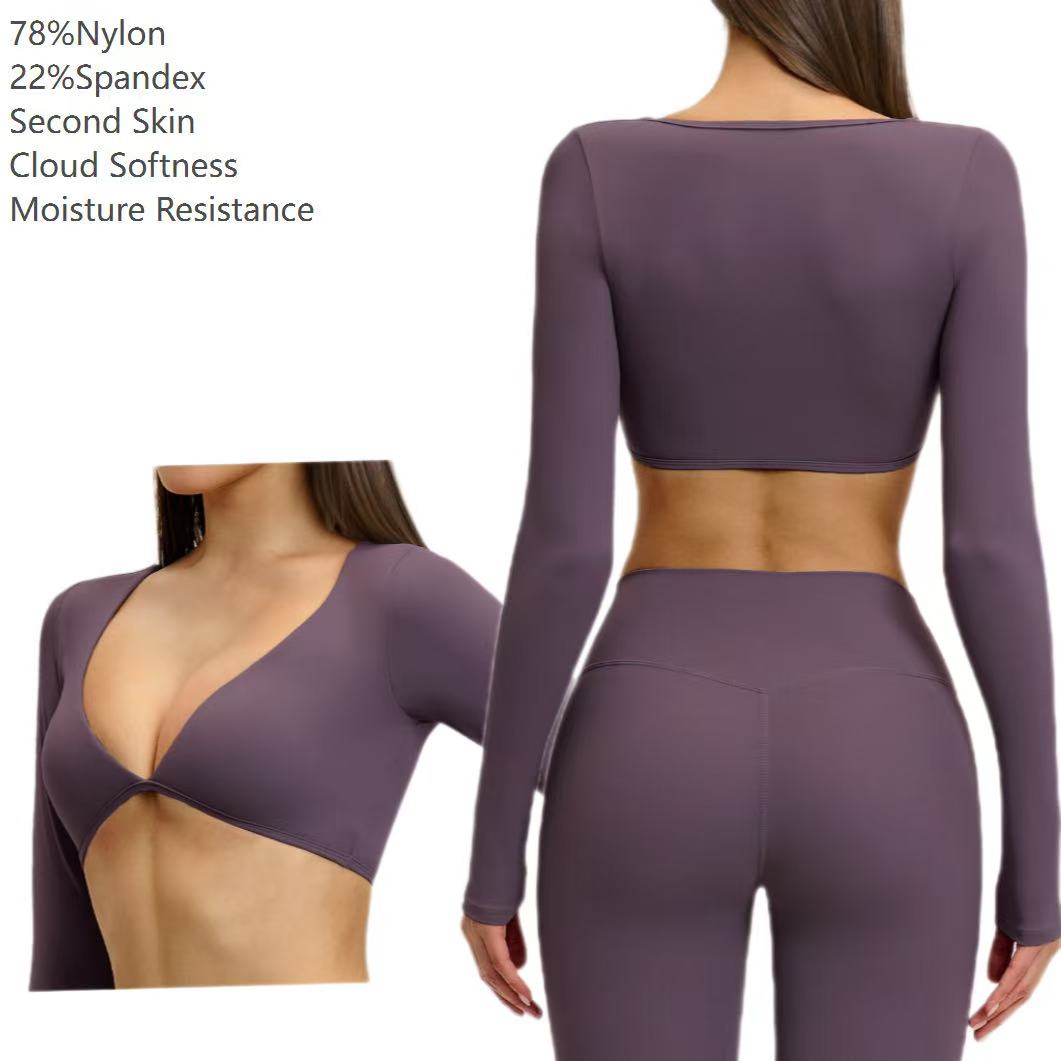 women sports fitness yoga wear brushed solid breathable long sleeves deep V neck crop top T-shirts for running