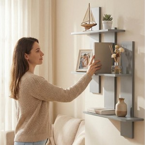 Estante de pared de 3 niveles escalonados para sala de estar y estudio, forma rectangular - Product Image 1