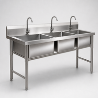 Évier de cuisine Intlk en acier inoxydable avec égouttoir, triple bac, revêtement autonettoyant, résistance à la corrosion pour la vaisselle de restaurant