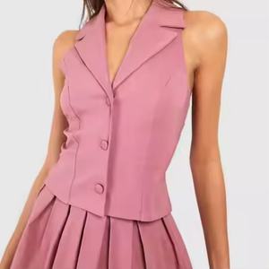 Vêtements en lin en gros très demandés : Hauts décontractés sans manches pour femmes et ensemble jupe mini plissée mignonne pour femmes - Product Image 4