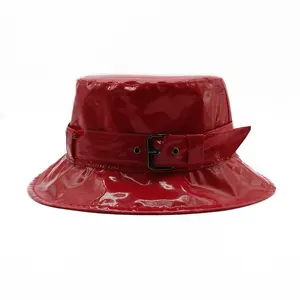 Meidiney-Sombrero impermeable de PVC con botón de Metal, color rojo brillante, para la lluvia