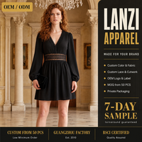 Robe Courte Femme Personnalisée avec Dentelle, Col en V Profond, Manches Ballon, Coupe Évasée, Vente en Gros, Fabrication OEM ODM