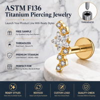 Boucles d'oreilles hypoallergéniques en or pour l'oreille et le lèvre, en titane ASTM F136, avec zircon, piercing labret à filetage interne