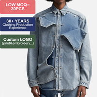 Kemeja Denim Kancing Depan Model Lapel, Bahan Katun 100%, Ukuran Besar, Gaya Cargo,  Cuci, Panel Depan,  Grosir Fashion,  Bisa Custom, Musim Gugur