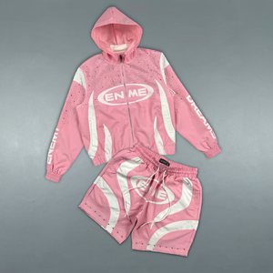 Men's Pink Hooded Leopard Pattern Front Tracksuit <b>Set</b> Sporty Breathable <b>Knitted</b> Polyester Shorts Jacket Spring Streetwear Style - Product Image 1