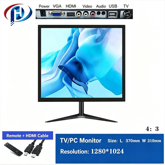 4:3 Square TV PC Monitor 1280*1024 Resolution 370*310mm With Remote Control HMI VGA USB Audio Video Port for Computer Display