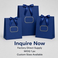 Ensemble de sacs de shopping de luxe bleu cobalt personnalisés avec nœuds en ruban de satin et impression dorée, vente en gros directe usine pour les magasins de détail et les cadeaux