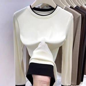 Women's Long Sleeve Round Neck T-Shirt Color Block Faux Two Piece Base <b>Layer</b> Breathable Loose Fit Autumn Winter <b>Top</b> - Product Image 3
