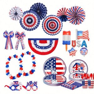 Ensemble de fournitures de fête jetables sur le thème de la Journée de l'Indépendance, style moderne, vaisselle pour le 4 juillet, comprenant assiettes en papier, gobelets, serviettes - Product Image 6