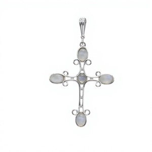 Pendentif croix en argent sterling 925 avec serti clos en pierre de lune arc-en-ciel, bijou religieux chrétien unisexe - Product Image 1