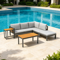 Ensemble de canapé d'angle en rotin avec structure en aluminium Dwoo, 5 pièces, avec table basse en WPC relevable et coussins épais de 8 cm pour la terrasse et le jardin