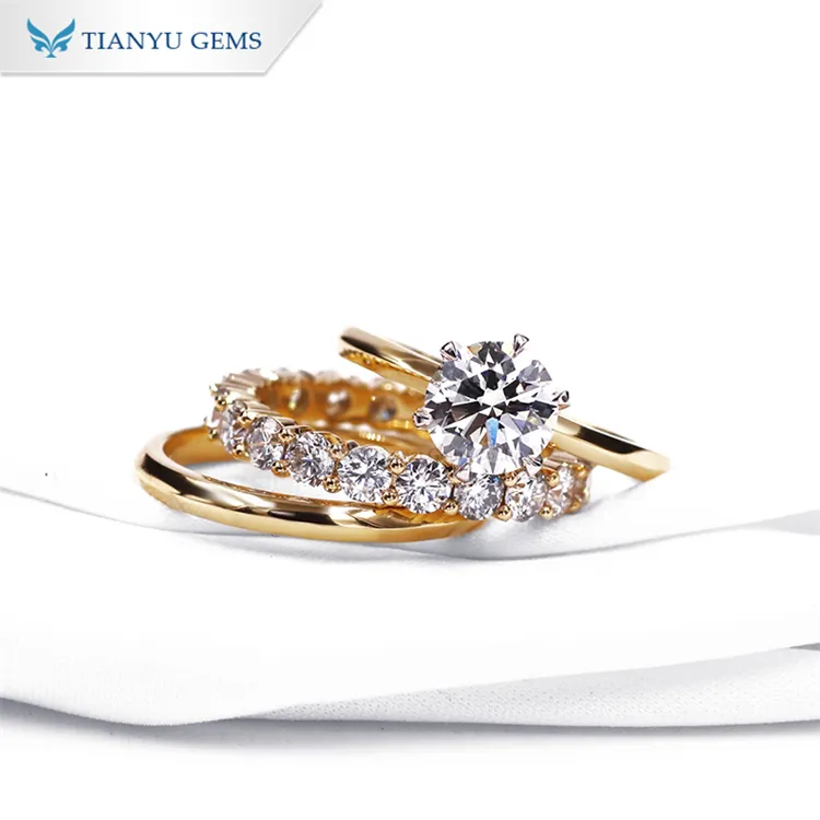 Tianyu 보석 순수한 옐로우 골드 결혼 반지 세트 맞춤형 1.5ct cvd 실험실 다이아몬드 여성 반지