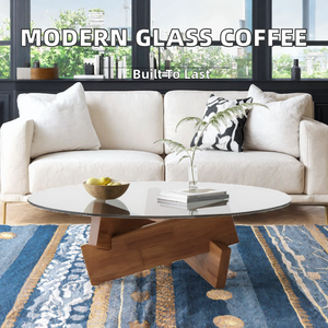 Mesa de Centro Redonda Moderna y Duradera con Tapa de Vidrio Templado y Base de Madera, Diseño de Mediados de Siglo, Muebles para Sala de Estar - Product Image 2