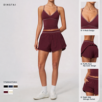 Ensemble de sport et yoga 2 pièces Dingtai pour femme : haut court brossé à col en V et blocs de couleur, short taille haute sculptant et rehausseur de fessiers