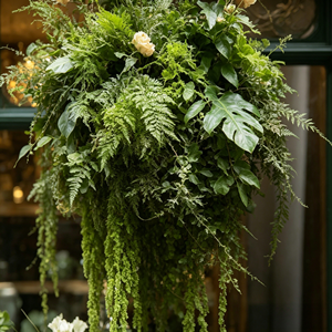 Espositore di Fiori Artificiali in Stile Caffè Francese, Realizzato a Mano, Alta Qualità, Durevole, in Plastica e Legno, con Rose Bianche e Fogliame Verde per Ristoranti - Product Image 3