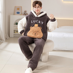 Ensembles de vêtements de nuit hiver pyjamas à capuche en peluche pour hommes adolescents pyjamas de dessin animé épais doublés de polaire - Product Image 5