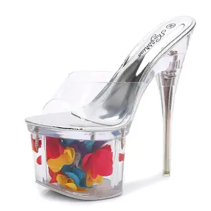 Moda de plata elegante plantilla chica mujeres boda zapatos de plataforma sandalias 17cm flor Peep Toe Stripper zapatos de tacón alto