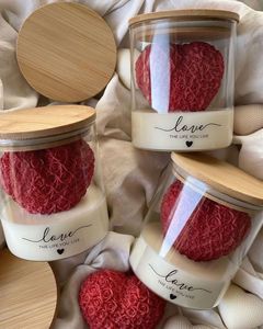 Glass Jar Bamboo Lid Rose Heart Scented Soy Wax Candle 3D Sculpted Aromatherapy Valentine Home Decor Gift - Product Image 1