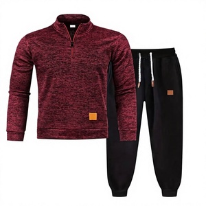 Men's Quarter-Zip Comfortable Printed Sweatshirt Set Maroon Black French Terry Casual Winter Wear Breathable Polyester Cotton - Product Image 1