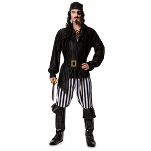 Ensemble de <span class=keywords><strong>costume</strong></span> de capitaine pirate pour <span class=keywords><strong>homme</strong></span>, <span class=keywords><strong>style</strong></span> années 1920, pour Halloween, film ou série TV, comprenant un haut noir, un pantalon rayé, un foulard, une bandeau pour l'œil, une ceinture et des couvre-bottes - Product Image 1