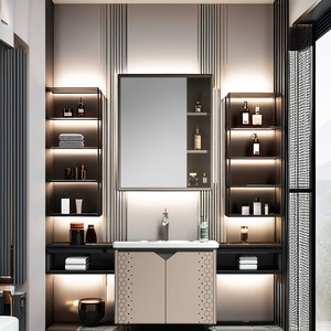 Mueble de baño de tamaño pequeño en tonos cálidos, gabinete con espejo inteligente, lavabo blanco, mueble colgante. - Product Image 4