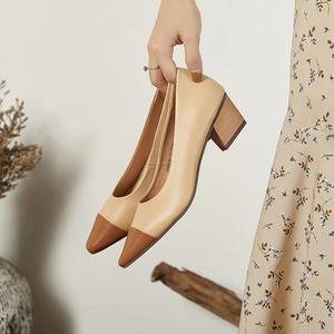 จีนกว่างโจวหนังแท้รองเท้าส้นสูงโรงงาน Retro ชี้ toe รองเท้าส้นสูงสํานักงานสองโทนหมวก Toe ปั๊มขายส่ง - Product Image 4