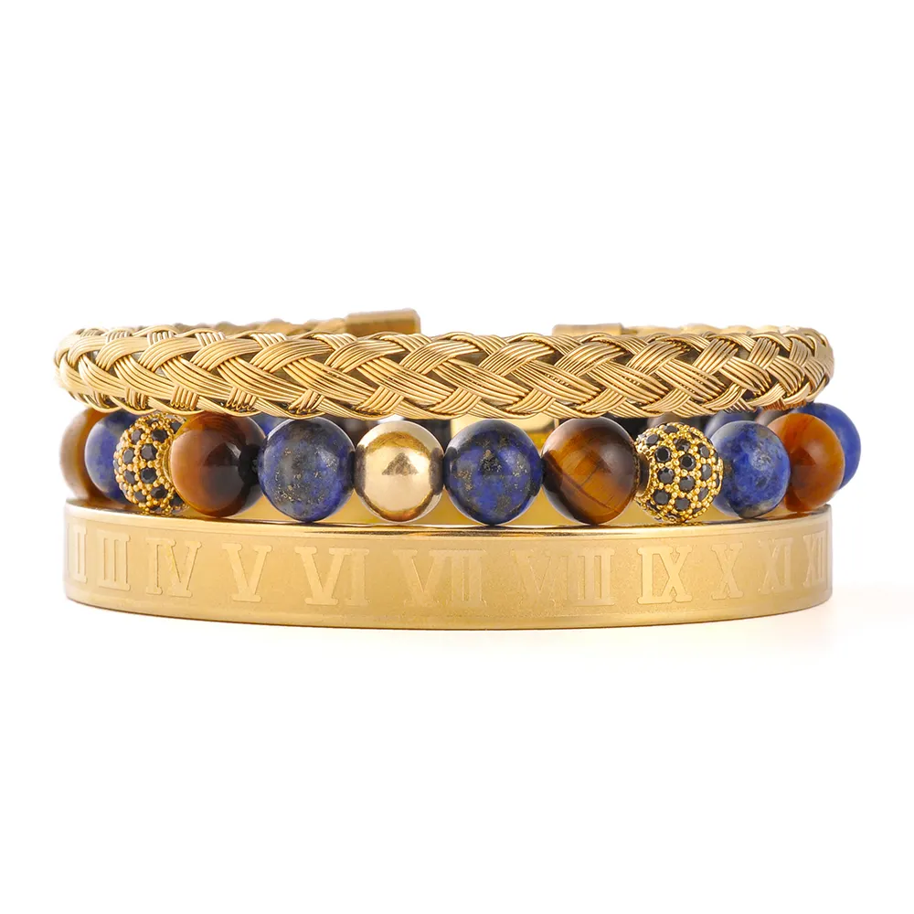 Designer Bracelet F241 Tiger Eye Lapis Lazuli Beads Cuff Bracelet Men Blank Wide Charms Golden Copper Plated Stainless Steel Trendy Charge Ball