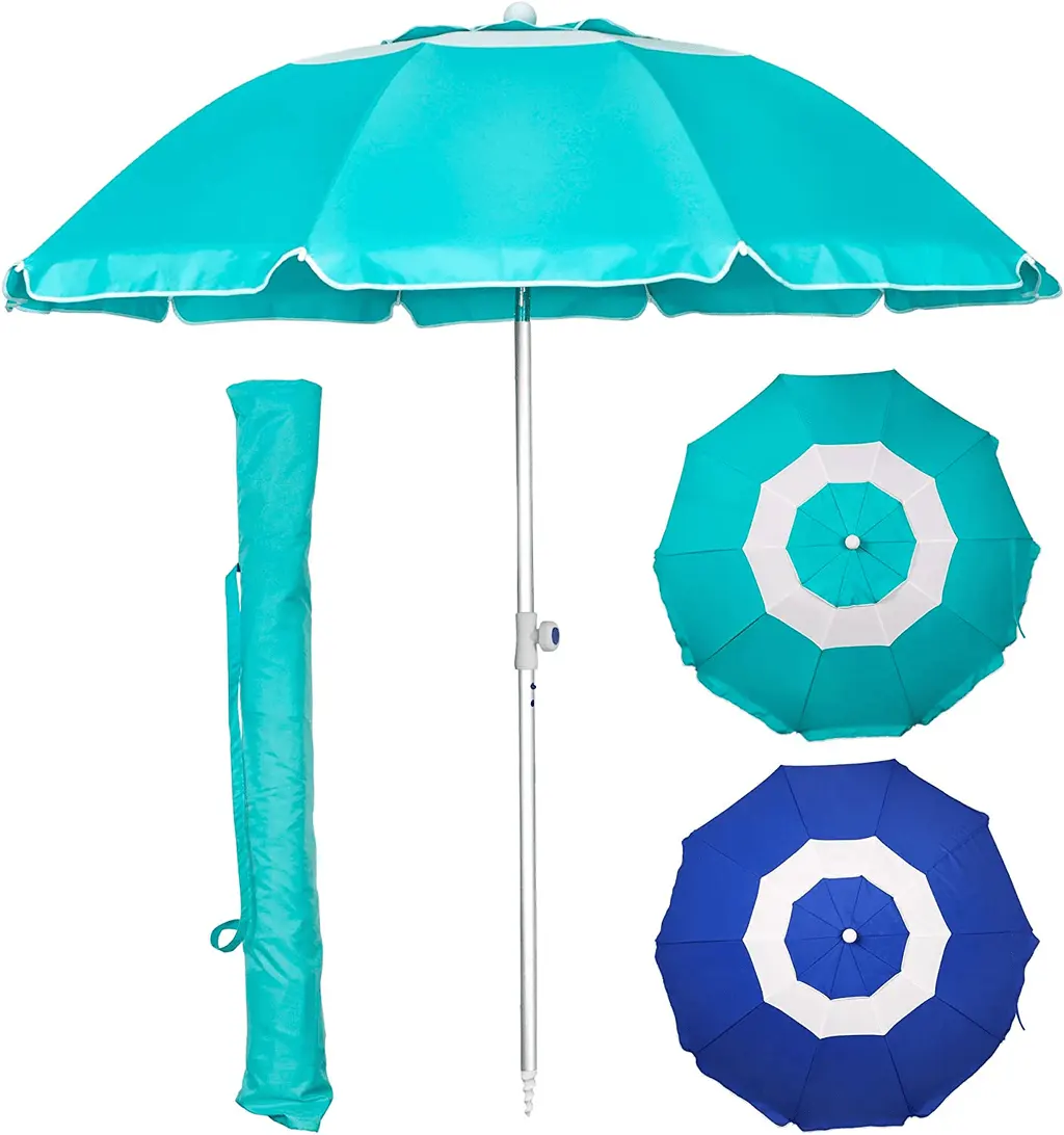 7.2 '휴대용 10 유리 섬유 리브 UPF 50 + 태양 보호 폴리에스터 스틸 틸트 메커니즘 캐리 백과 수동 리프트 비치 우산