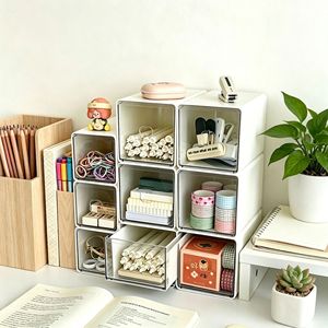 Desktop <b>Storage</b> <b>Box</b> <b>Drawer</b> Style Transparent Stationery Organizer Stackable With Lid For Students And Offices Compact Size - Product Image 1