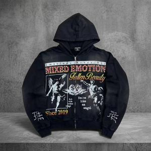MIXED EMOTION 100% Cotton Oversized Hip-hop <b>Rhinestone</b> Printed Zippered Hooded Autumn Men's <b>Jacket</b> - Product Image 3