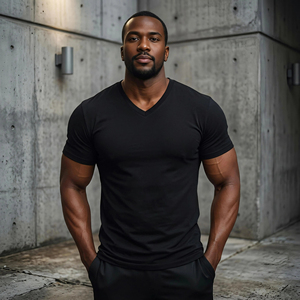 T-shirt OEM en polyester et coton avec impression floquée, vêtements de fitness personnalisés, usine de vêtements de sport légers à col en V pour musculation et gym - Product Image 1